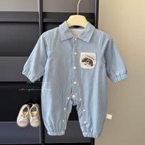 Baby Boys Stripe Puppy Pocket Long Sleeve One Piece Romper Casual Outdoor Clothing 66cm mėlyna