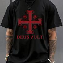 Mens Deus Vult Jerusalem Cross Medieval Crusader Graphic Tshirt Casual Short Sleeve Crew Neck Historical Faith Streetwear Tee L black