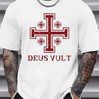 Mens Deus Vult Jerusalem Cross Medieval Crusader Graphic Tshirt Casual Short Sleeve Crew Neck Historical Faith Streetwear Tee XL brown