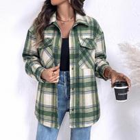 Women's Color Block Plaid Shirt Jacket, Lapel Collar Loose Fit Casual Outerwear for Fall L žalia
