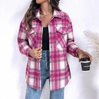Women's Color Block Plaid Shirt Jacket, Lapel Collar Loose Fit Casual Outerwear for Fall XL karšta rožinė spalva