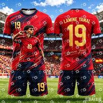 Men Lamine Yamal 19 Football Jersey Set Red Gold Brush Print Round Neck Short Sleeve Soccer Shirt + Drawstring Shorts 2-Piece 140