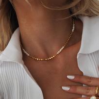 Dainty Fresh Water Pearl Choker Necklace Women Jewelry Tarnish Free 18K Gold Plated Stainless Steel Chain Layered Necklace 16+2inches brown