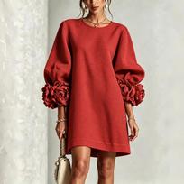 Women's 3D Floral Sleeve Dress for Casual and Party Wear XL raudona