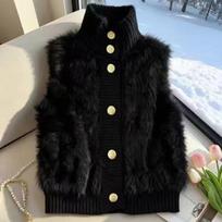 Women's Autumn Winter Faux Mink Stand Collar Patchwork Sleeveless Vest Coat Loose Thick Warm Elegant Chic Coquette Trendy XS juoda
