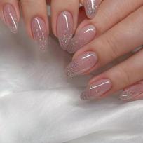 24Pcs Simple Pink Press on Nails Shiny Glitter False Nail Long Almond Fake Nails with Glue Wearable Acrylic Full Cover Nail Tips gray