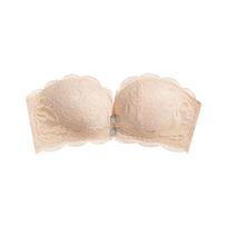 Moteriškas nėriniuotas be petnešėlių push-up liemenėlė su priekiniu užsegimu, šukutės krašteliu, bandeau, seksualus, nematomas su lankeliais liemenėlė 38 beige