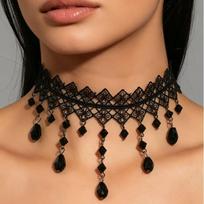 Vintage Retro Gothic Lace Choker Necklace with Black Water Drop Pendant and Lace Trim for Women's Jewelry Accessory Set Fashion pilka spalva