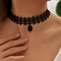 Vintage Retro Gothic Lace Choker Necklace with Black Water Drop Pendant and Lace Trim for Women's Jewelry Accessory Set Fashion juoda