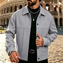 Men's Lapel Collar Wool Blend Trucker Jacket Button Down Solid Color Casual Overshirt Coat with Big Flap Pockets M pilka
