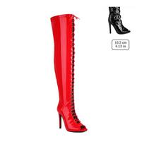 Patent Leather Over Knee Thigh High Boots Lace Up Stiletto Heels Women Jazz Pole Dance Stage Performance Club Party Long Boots 38 red