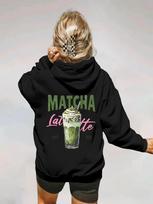 Retro Matcha Latte Kids Hoodie, Green Tea Drink Art Print, Autumn/Winter Fleece Soft, Stylish, and Versatile Hoodie 130 black