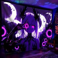 VIKAMA Purple Black Cyberpunk Anime Girl Tapestry Neon Fluorescent Wall Hanging for Bedroom Gaming Room Decor 150X200CM