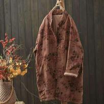 Women's Plus Size Retro Ethnic Stand Collar Frog Button Cotton Coat One Size brown