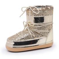 European Blinking Eyes Winter Ski Boots: Real Fur, Thick Sole, Sequins – Trendy Snow Boots for Women & Children, Parent-Child Match 41-42 (Inner Length 26-26.5CM) beige