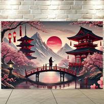 Japanese Samurai Bridge Pagoda Tapestry Asian Culture Wall Hanging Decor Red Sun Mountains Sakura Trees Traditional Architecture 150X200CM