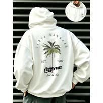 Men's California Santa Barbara Tropical Palm Tree Graphic Hoodies Baggy, Loose, Vintage Surf Style Pullover Hooded Sweatshirt M white