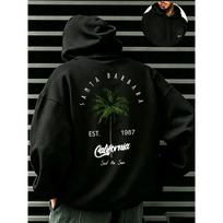 Men's California Santa Barbara Tropical Palm Tree Graphic Hoodies Baggy, Loose, Vintage Surf Style Pullover Hooded Sweatshirt XL black