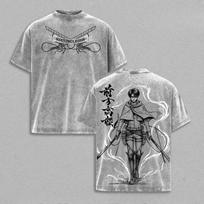 Hot Anime Attack On Titan Levi Print T-shirt Men Women Short Sleeve Clothing Cotton Tshirt Retro Washed T Shirt Male Manga Tops 2XL gray