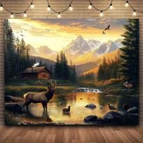 Didelis peizažinis kalnų kraštovaizdžio gobelenas Sieninė tapyba Kaimiškas laukinės gamtos miško namelis Sienų dekoras 180x280cm Gamtos meno kūrinys 79×59inch/200*150cm beige