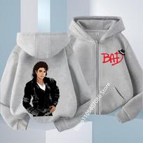 Michael Jackson Thin Long Sleeve Zipper Jacket Boys Hooded Clothes Autumn Spring Singer MJ Zip Up Streetwear with Pocket Tops 110 gray