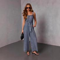 Women Fashion Casual Slim High Waist Washed Denim Sleeveless Straight Jumpsuit XL tamsiai mėlyna spalva