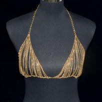 Punk Style Body Chain Set With Metal Chains Rhinestone Embellishment Women Festival Party Wear Gold Bra black