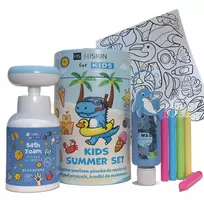 HISKIN_SET Kids Summer Blue vonios losjonas 75ml + skalbimo putos 300ml + pieštukai 5vnt + spalvinimo knygelė