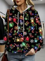 Women Pullover Hoodie Christmas Neon Light Ornament Print Long Sleeve Drawstring Casual Xmas Holiday Hooded Sweatshirt L brown