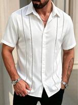 Summer Essential: Men's Short-Sleeve Shirt with Decorative Vertical Lace Strips 5XL white