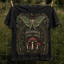Poisonous Fungi and Moth Shirt, Dark Botanical T-Shirt, Vintage Mushroom Luna Moth Tee, Cottagecore Dark Academia Shirt, Spooky Insect Gift 150 black