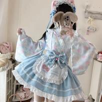 Moterims saldi geltona su braškių katės raštu kimono stiliaus Lolita suknelė L mėlyna