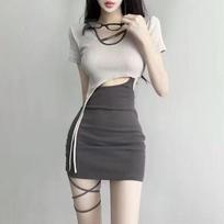 Summer Spice Girl Style Hollow-out Splicing Contrast Color Polo Neck Dress Advanced Sense Female Slim Waist Hip Wrap Short Skirt 2XL gray