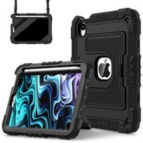 Heavy Duty Protective Case for iPad Mini 6 7 A17 Pro 8.3 Hybrid Shockproof Case with Crossbody Strap Hard Sturdy Kickstand Cover iPad mini 6 juoda