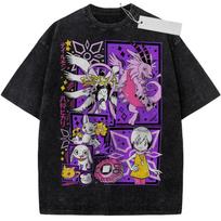 Unisex skalbinti violetiniai vintažiniai marškinėliai Digimon Adventure personažai Aukštos kokybės audinys namams, laisvalaikiui, kelionėms, apsipirkinėjimui M gray