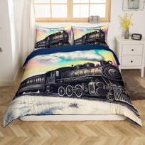 Train Duvet Cover Set,Retro Steam Locomotive Train Bedding Set 2pcs for Kids Boys Adults Bedroom Decor,Vintage Style Quilt Cover EU Single 135*200cm/53x79in 3pcs