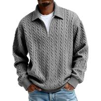 Men’s Cable Knit Pullover Sweater with Quarter Zip Front and Ribbed Collar Long Sleeve Classic Design XL gray