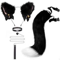 3 vnt. Katės ausų lankelis su uodega, dirbtiniai plaukai, minkštos gyvūno ausys ir komplektas, plaukuotas kačių Style G 3-piece SET black
