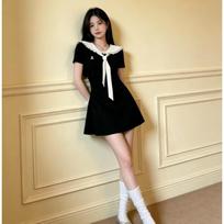 Pure desire sweet and spicy style navy collar front shoulder short-sleeved dress women's summer new slim and thin A-shaped skirt 2XL black