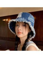 Vintage Distressed Denim Bucket Hat Blue Patchwork Raw Hem Retro Sun Cap For Adults brown