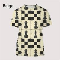 Interesting 3D Printed Chess Pattern T-shirt Men's Casual Short Sleeve Crew Neck Chess Board Tee Tops Oversized Tshirts 4XL beige