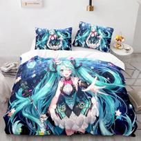 3D H-Hatsune M-Miku patalynės komplektas Viengulis/Dvigulis/Visas/Karalienės/Karaliaus dydžio antklodės užvalkalų komplektas Suaugusiųjų Vaikų Miegamojo Dekoras Japonijos Muzika EU Single(135*200cm)3pcs blue