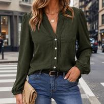 Women's Lace Trim V-Neck Long Sleeve Blouse with Collared Lapel for Casual Wear XL tamsiai žalia spalva