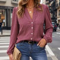 Women's Lace Trim V-Neck Long Sleeve Blouse with Collared Lapel for Casual Wear XL arbūzo raudonos spalvos