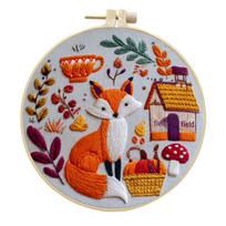 Fox Embroidery Kit - DIY Beginner Cross-Stitch Fabric Crafts Material Package + 20cm Bamboo Hoop*1 gray