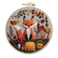 Fox Embroidery Kit - DIY Beginner Cross-Stitch Fabric Crafts Material Package + 20cm Bamboo Hoop*1