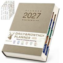 2027 m. kasdienis planuoklis-segiklis, 400 puslapių, įpročių sekiklis, mėnesinis ir dieninis tvarkaraštis, užrašinė, laiko valdymas, savidisciplina, tikslų organizatorius A5 tamsi chaki spalva