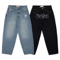 Mens Baggy Straight Fit Denim Jeans High Waist Hip Hop Style Washed Cotton Pants Fall Casual Wear Large gray