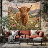 Aukštumų karvės gobelenas Laukinių gėlių sienos apmualas Škotijos karvės sienos menas Cottagecore Sodybos gobelenas Rustic Country dekoras 79×59inch/200*150cm brown