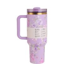 40oz Gėlių rašto Ice Buster puodelis: Dvigubos sienelės 304 nerūdijančio plieno puodelis su rankena automobiliui, 3D spausdintas dizainas 40oz Gold Edge (Regular Straw)